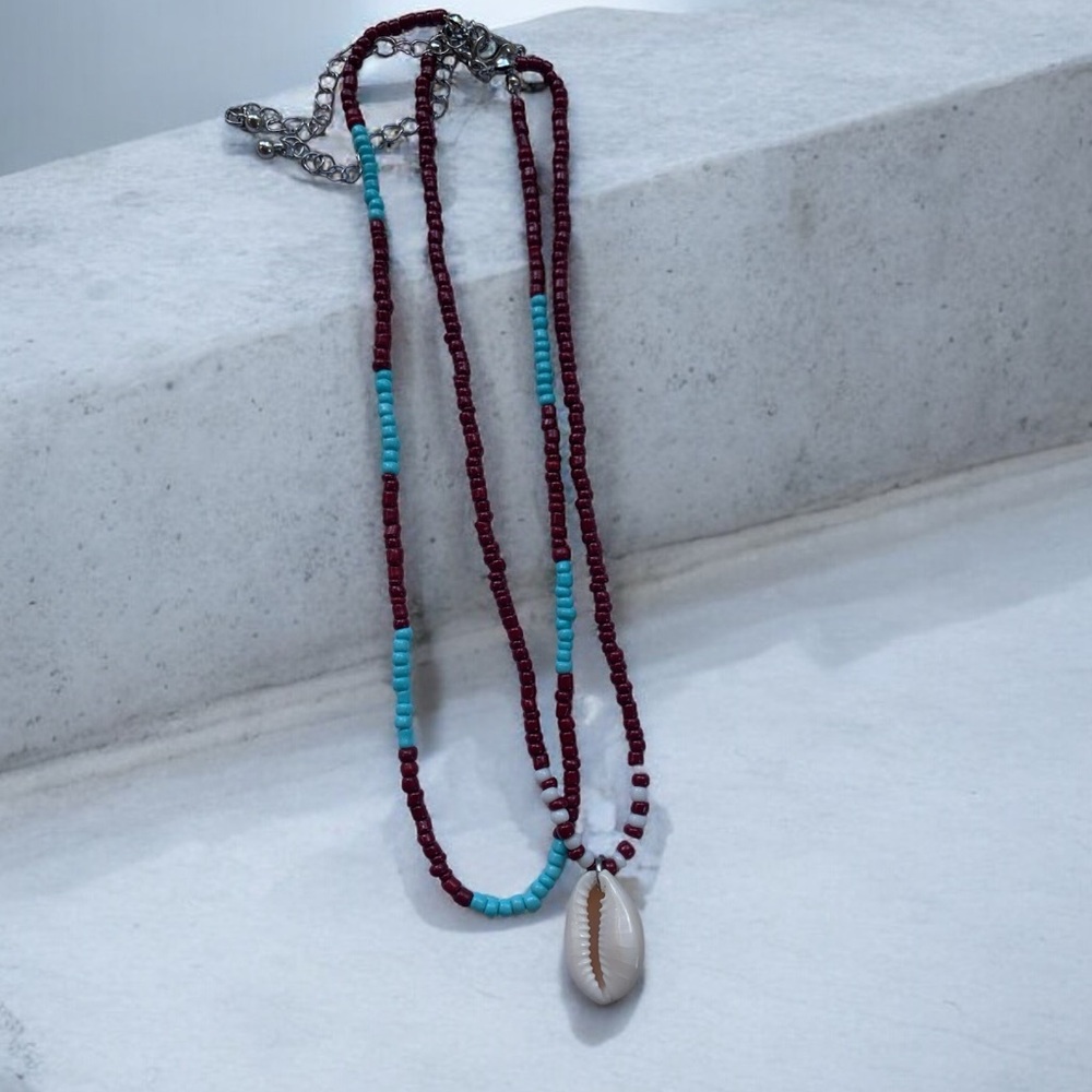 Double Stack Maroon Red and Blue Beaded Necklace - Picture 3 of 3